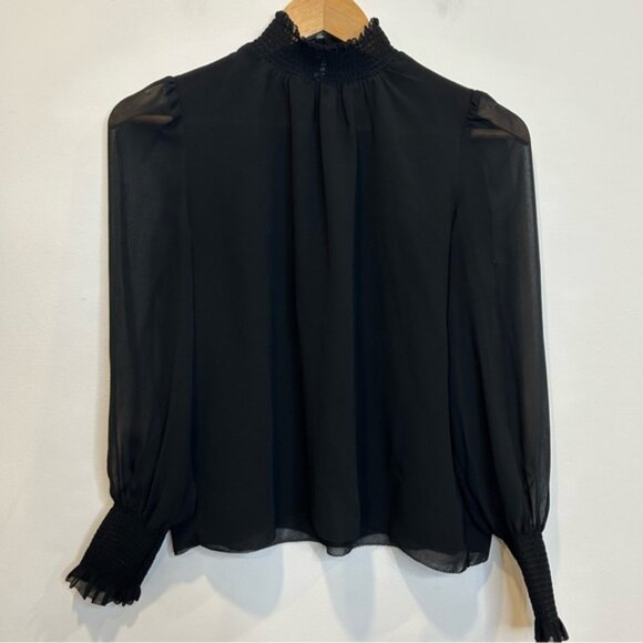Aritzia Wilfred Valencia Blouse Mock Neck Puff Sleeves Smocking Semi-Sheer Black - Picture 4 of 10